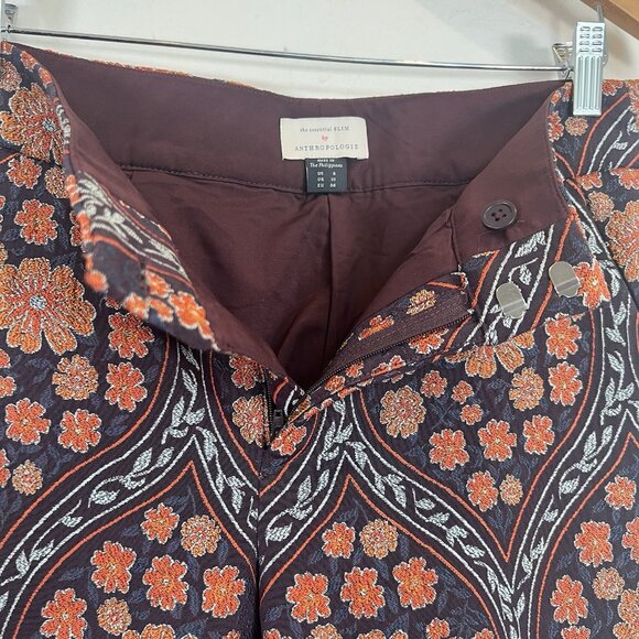 Anthropologie The Essential Slim Brocade 32x27 Ankle Brown Orange Blue Pants 8 - Picture 6 of 13